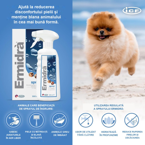 ICF Ermidra Spray, 300 ml – soluție dermatologică hidratantă pentru câini și pisici